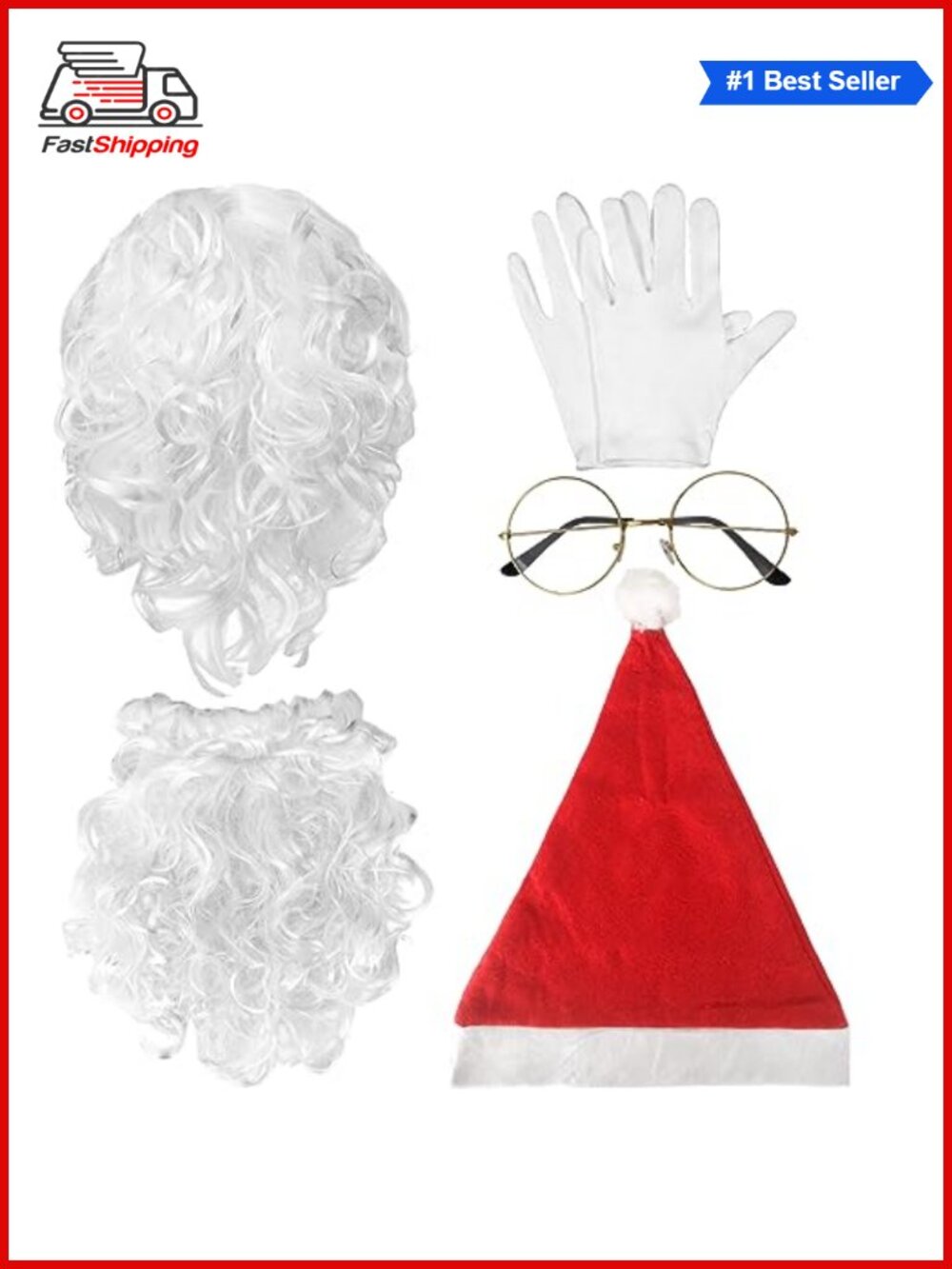🎅 6 Pc Santa Costume Set Wig Beard Hat Glasses Gloves Cosplay